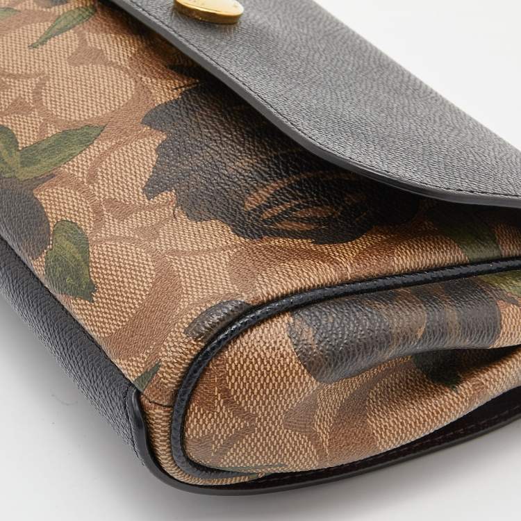 Pre Owned Coach Black/Beige Signature Rose Print Coated Canvas and Leather Reversible Flap Crossbody Bag