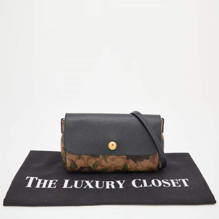 Pre Owned Coach Black/Beige Signature Rose Print Coated Canvas and Leather Reversible Flap Crossbody Bag