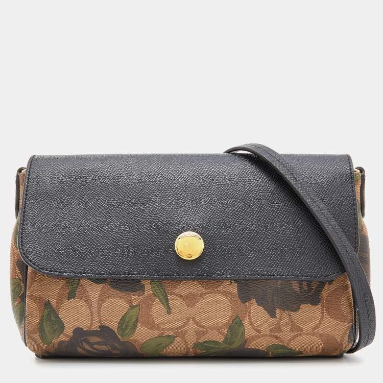 Coach Black/Beige Signature Rose Print Coated Canvas and Leather Reversible  Flap Crossbody Bag Coach