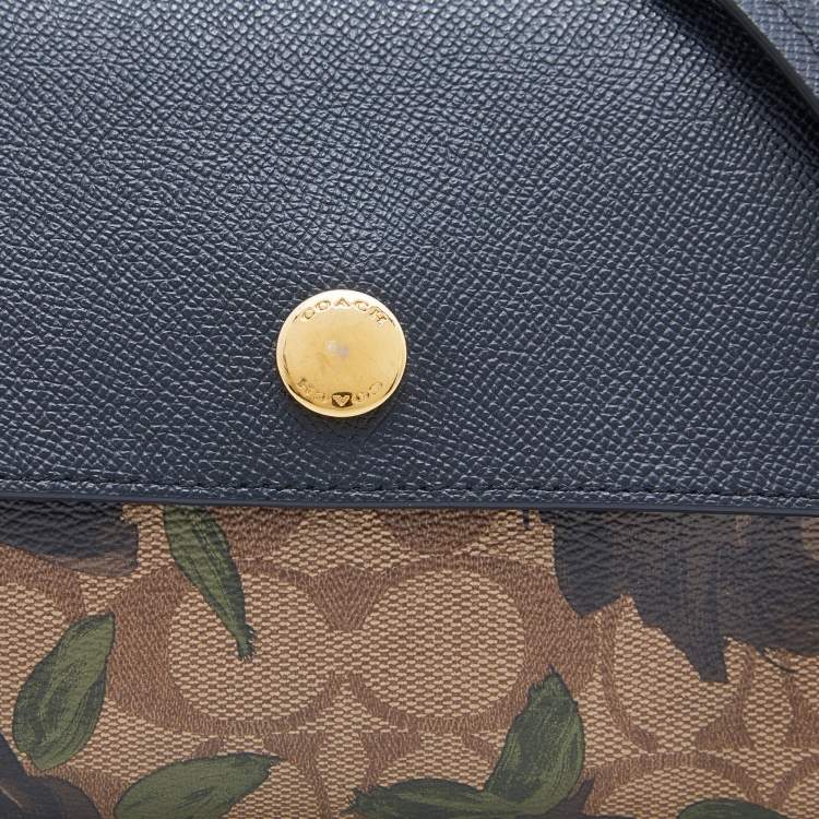 Pre Owned Coach Black/Beige Signature Rose Print Coated Canvas and Leather Reversible Flap Crossbody Bag