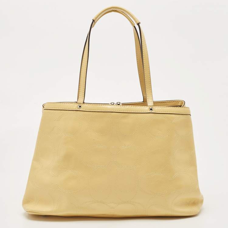Pre Owned Coach Yellow Op Art Patent Leather Kisslock Tote