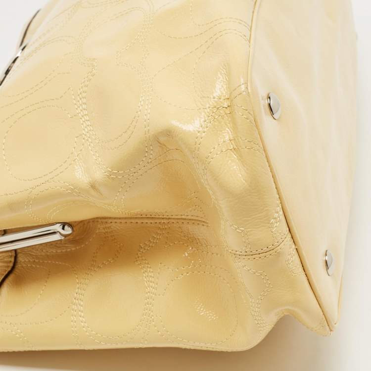 Pre Owned Coach Yellow Op Art Patent Leather Kisslock Tote