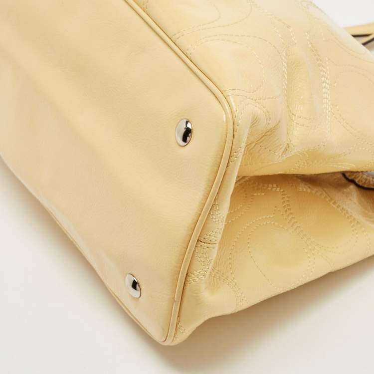 Pre Owned Coach Yellow Op Art Patent Leather Kisslock Tote