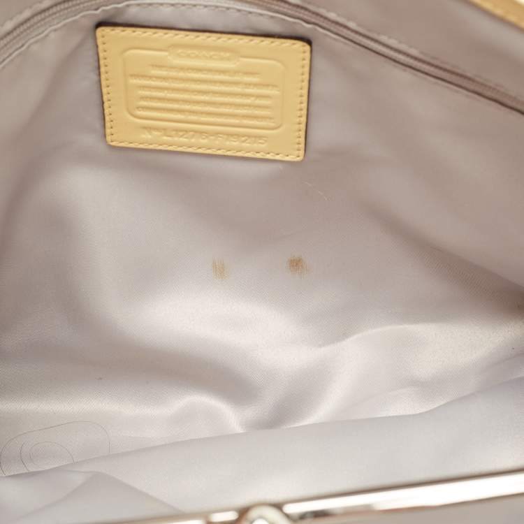 Pre Owned Coach Yellow Op Art Patent Leather Kisslock Tote