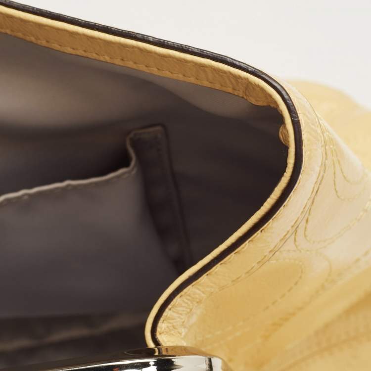 Pre Owned Coach Yellow Op Art Patent Leather Kisslock Tote