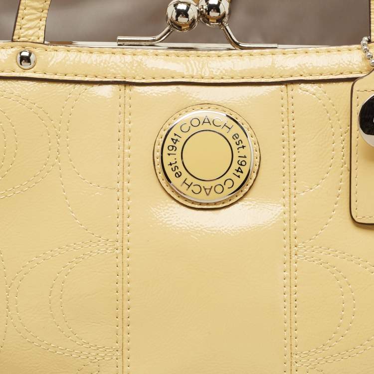 Pre Owned Coach Yellow Op Art Patent Leather Kisslock Tote