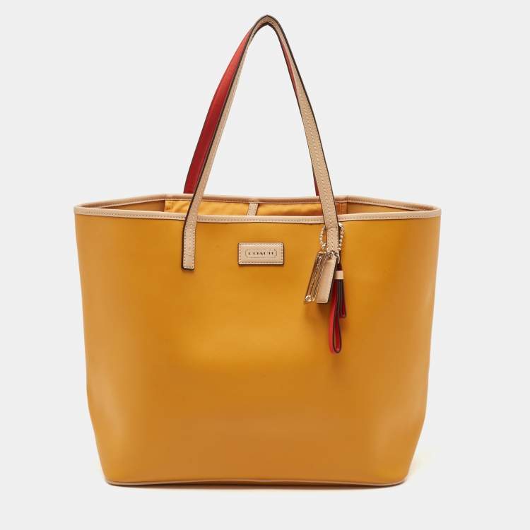 Coach Beige/Mustard Leather Top Zip Tote Coach