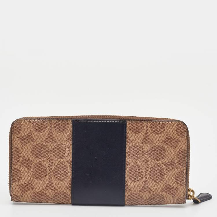 Pre Owned Coach Beige/Black Signature Coated Canvas and Leather Accordion Zip Around Wallet