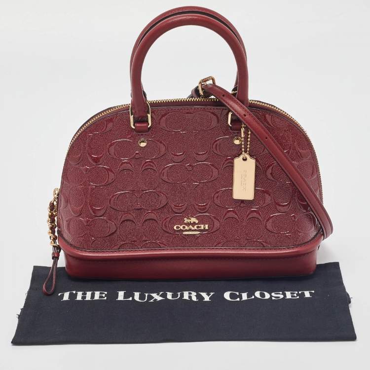 Pre Owned Coach Dark Red Signature Embossed Patent and Leather Mini Sierra Satchel