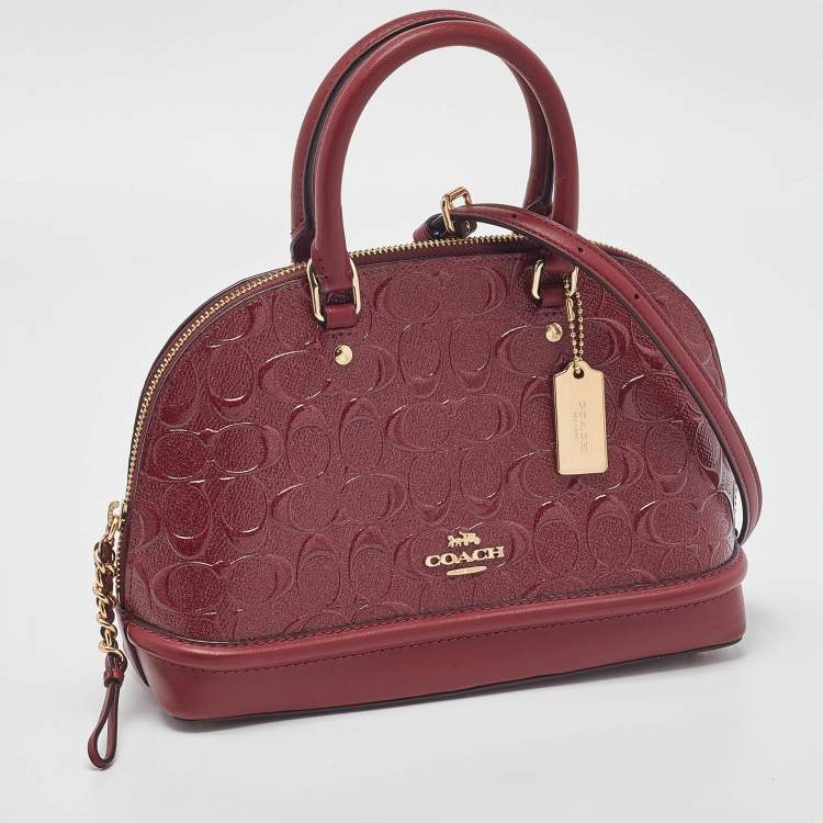 Pre Owned Coach Dark Red Signature Embossed Patent and Leather Mini Sierra Satchel