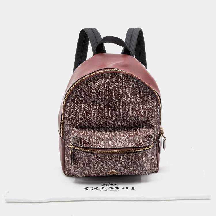 Pre Owned Coach Maroon Signature Coated Canvas and Leather Backpack