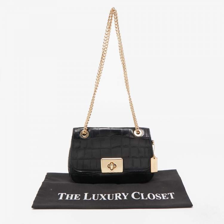 Pre Owned Coach Black Croc Embossed leather Cassidy Chain Shoulder Bag