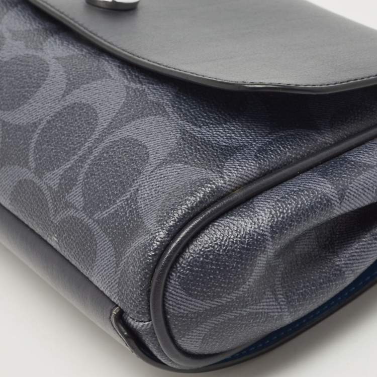 Pre Owned Coach Navy Blue Signature Coated Canvas and Leather Reversible Flap Crossbody Bag
