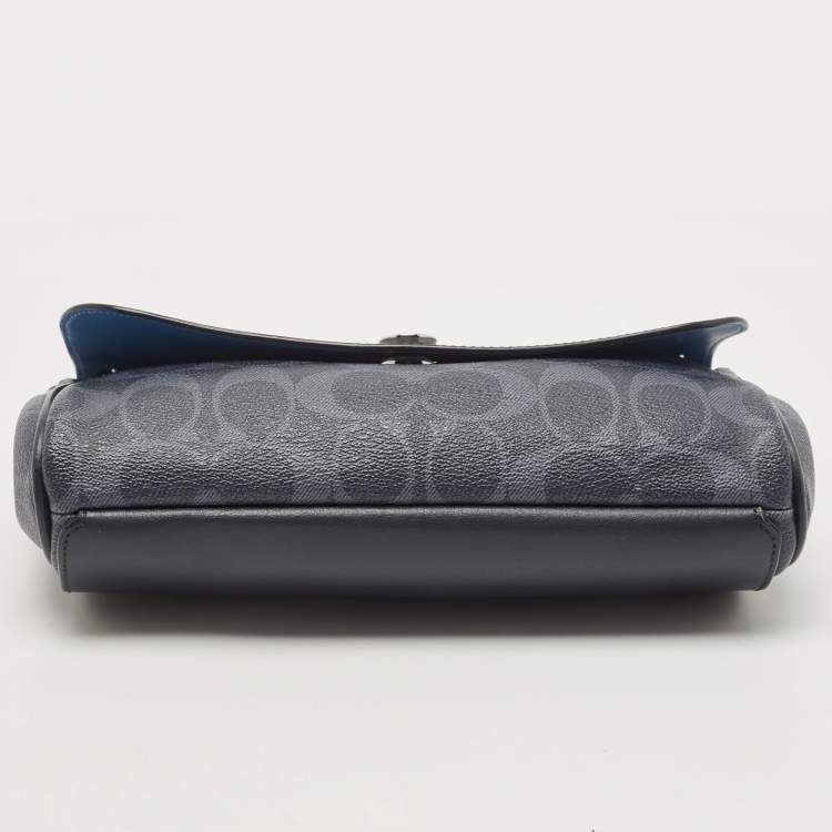 Pre Owned Coach Navy Blue Signature Coated Canvas and Leather Reversible Flap Crossbody Bag