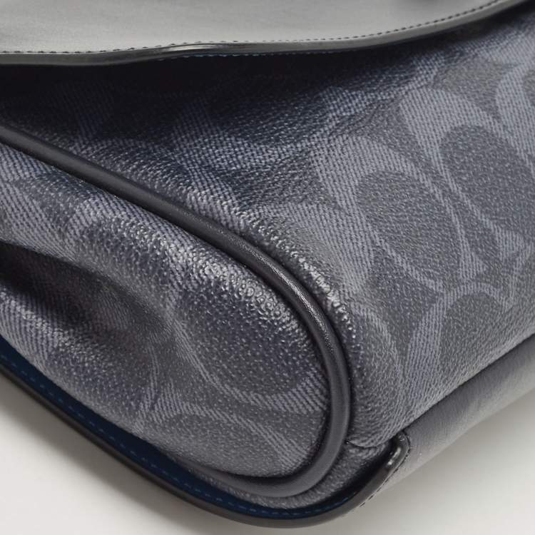 Pre Owned Coach Navy Blue Signature Coated Canvas and Leather Reversible Flap Crossbody Bag