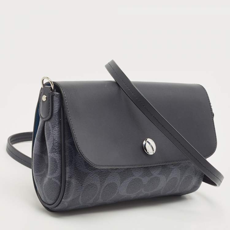 Pre Owned Coach Navy Blue Signature Coated Canvas and Leather Reversible Flap Crossbody Bag