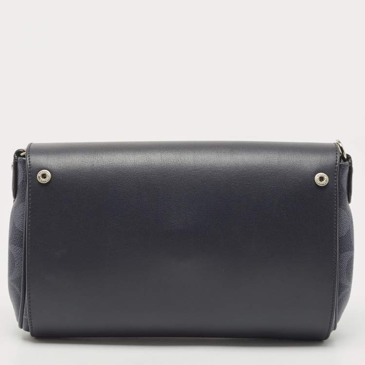 Pre Owned Coach Navy Blue Signature Coated Canvas and Leather Reversible Flap Crossbody Bag