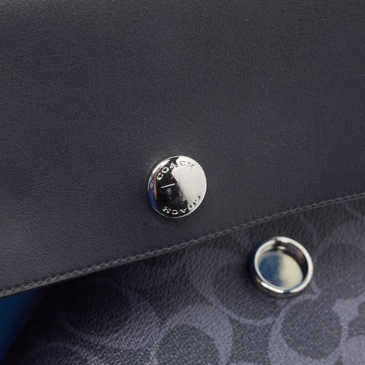Pre Owned Coach Navy Blue Signature Coated Canvas and Leather Reversible Flap Crossbody Bag