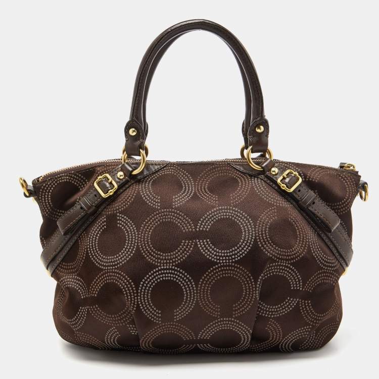 Pre Owned Coach Dark Brown Op Art Signature Satin and Leather Madison Satchel