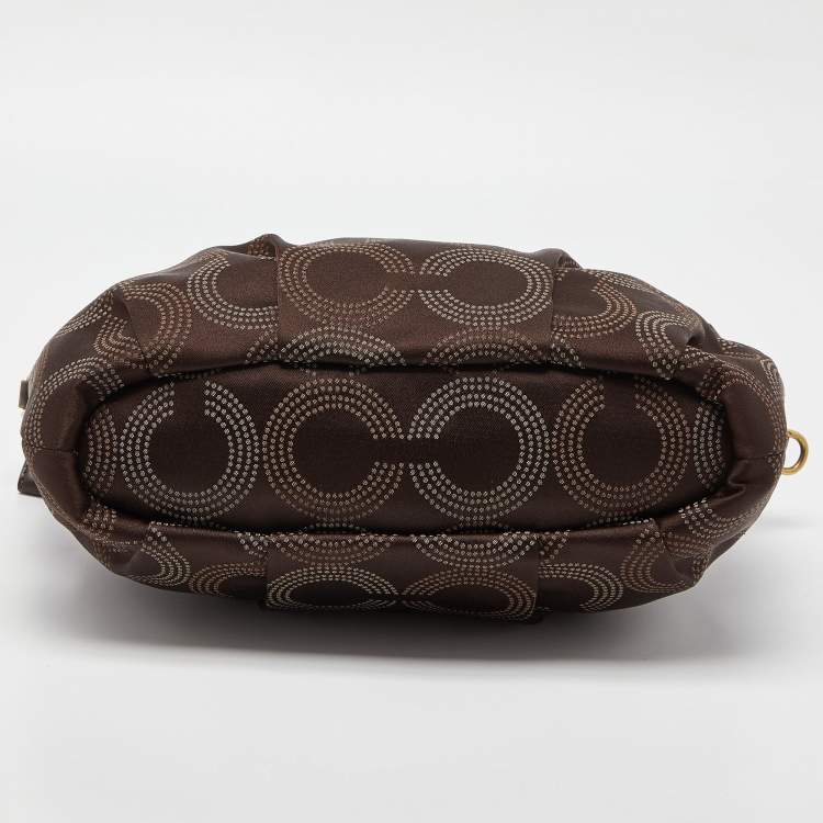 Pre Owned Coach Dark Brown Op Art Signature Satin and Leather Madison Satchel