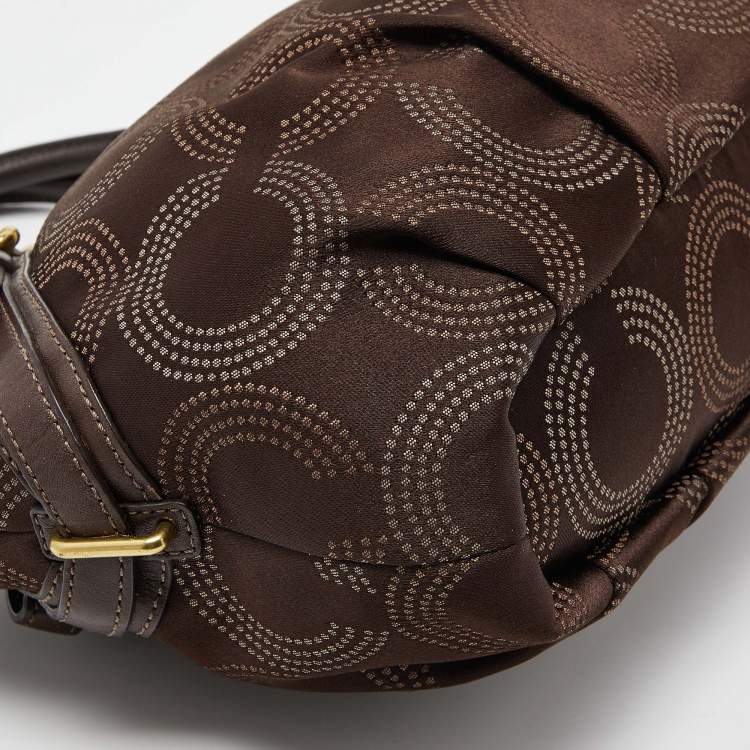 Pre Owned Coach Dark Brown Op Art Signature Satin and Leather Madison Satchel