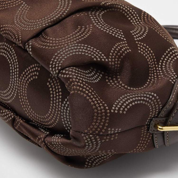 Pre Owned Coach Dark Brown Op Art Signature Satin and Leather Madison Satchel
