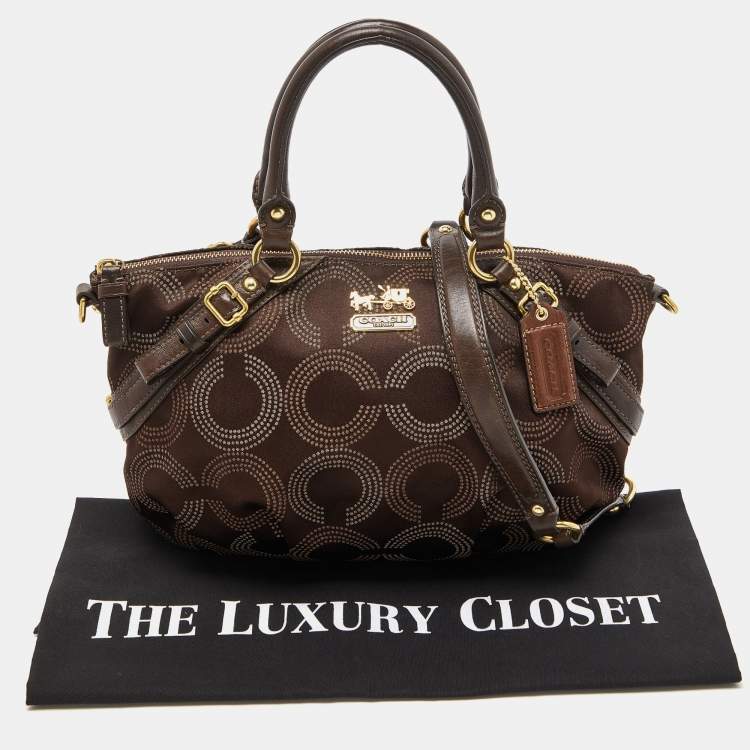 Pre Owned Coach Dark Brown Op Art Signature Satin and Leather Madison Satchel