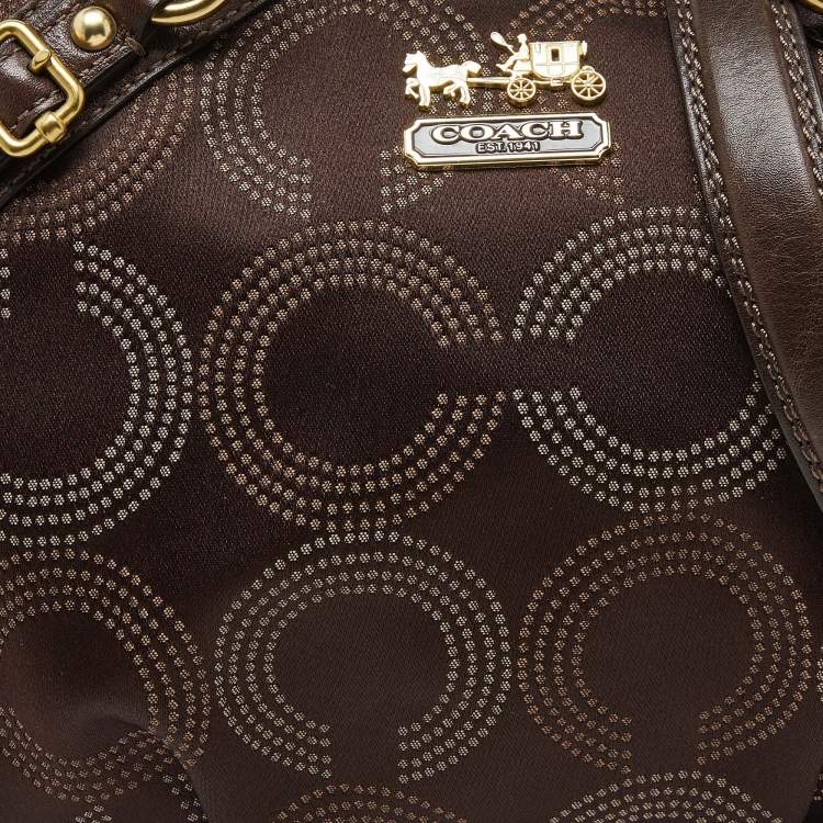 Pre Owned Coach Dark Brown Op Art Signature Satin and Leather Madison Satchel