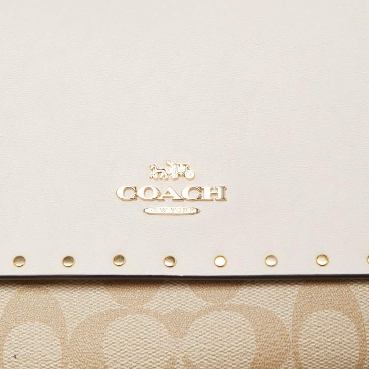 Pre Owned Coach Light Beige Leather and Coated Canvas With Rivets Klare Crossbody Bag