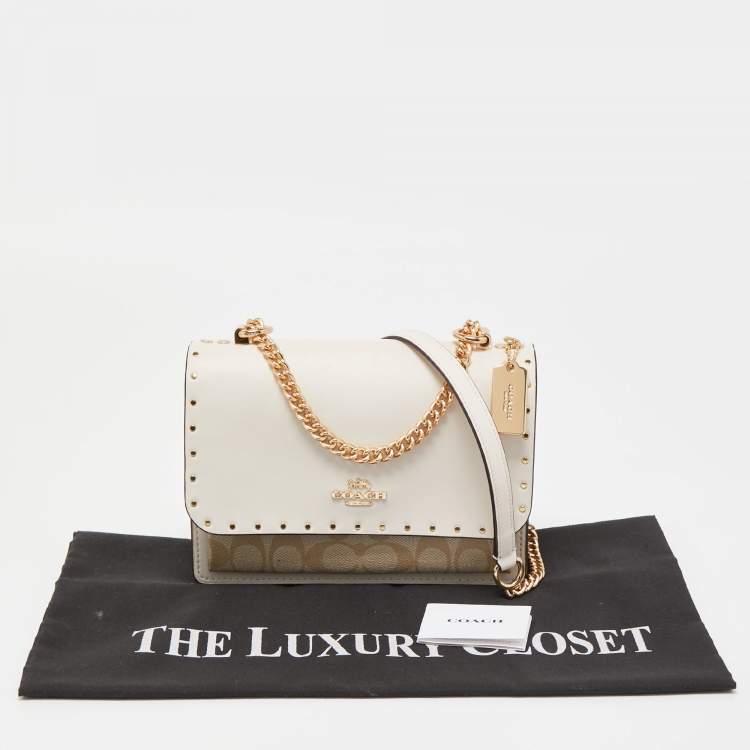 Pre Owned Coach Light Beige Leather and Coated Canvas With Rivets Klare Crossbody Bag