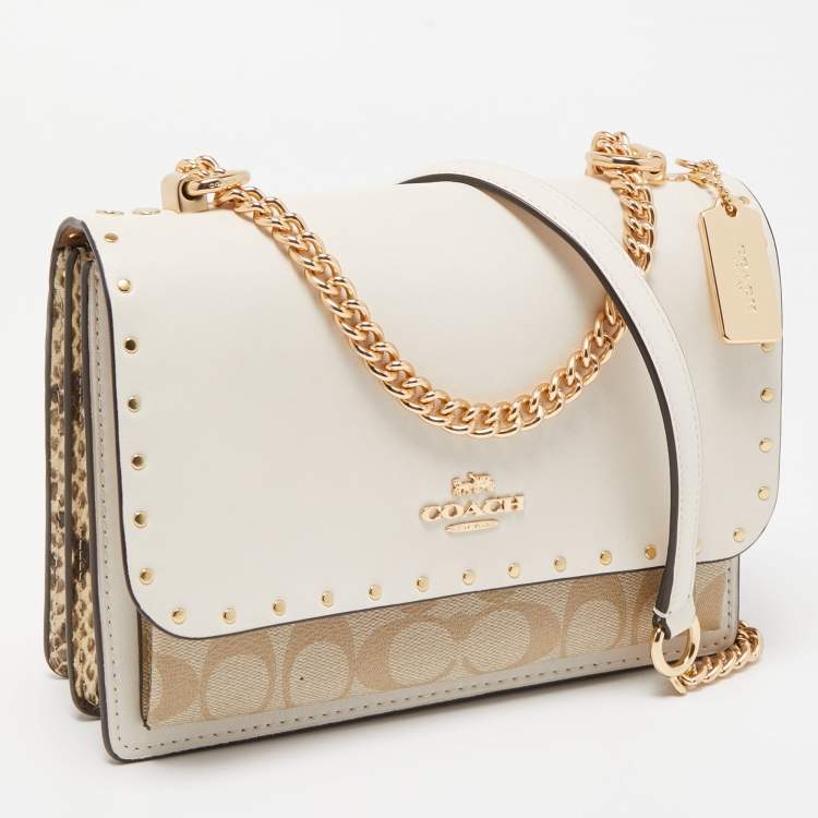 Pre Owned Coach Light Beige Leather and Coated Canvas With Rivets Klare Crossbody Bag