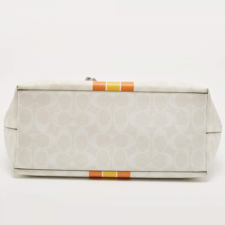 Pre Owned Coach White/Taupe Signature Coated Canvas and Leather City Tote