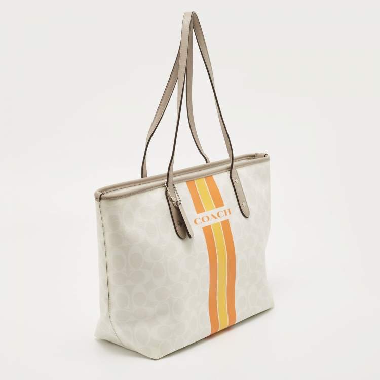 Pre Owned Coach White/Taupe Signature Coated Canvas and Leather City Tote