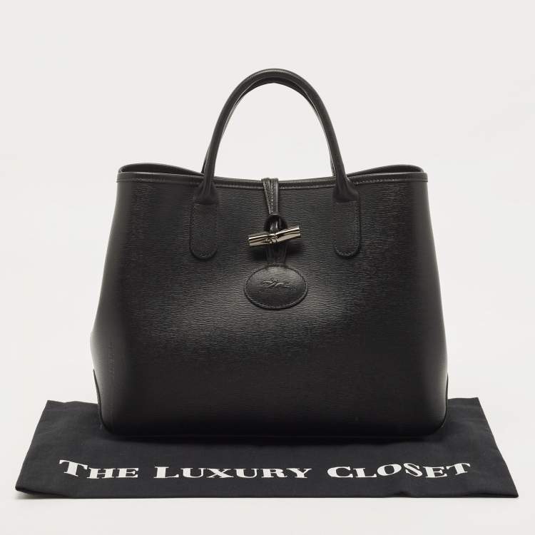 Pre Owned Longchamp Black/Rust Leather Roseau Tote