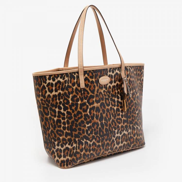 Pre Owned Coach Beige/Brown Leopard Print Coated Canvas City Tote
