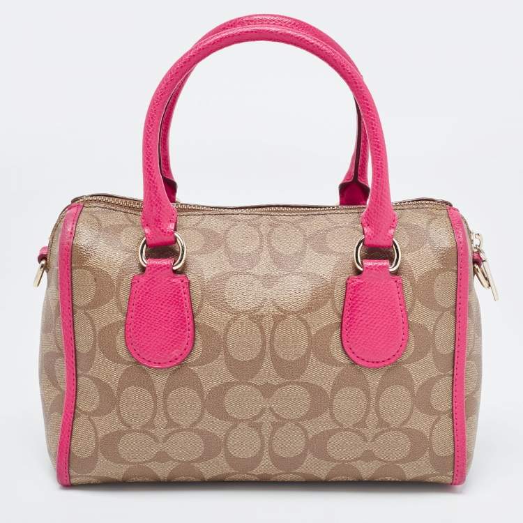 Pre Owned Coach Beige/Pink Signature Coated Canvas and Leather Mini Bennett Satchel