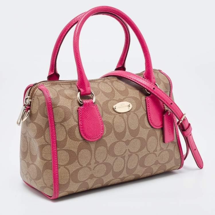 Pre Owned Coach Beige/Pink Signature Coated Canvas and Leather Mini Bennett Satchel