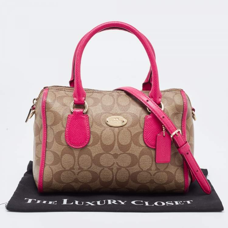 Pre Owned Coach Beige/Pink Signature Coated Canvas and Leather Mini Bennett Satchel