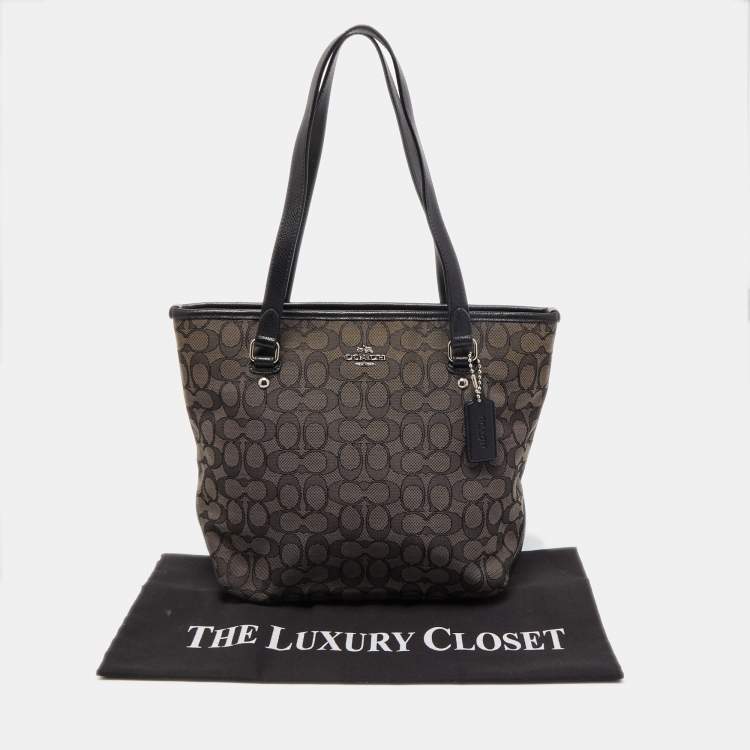 Pre Owned Coach Black/Dark Grey Signature Canvas and Leather Tote