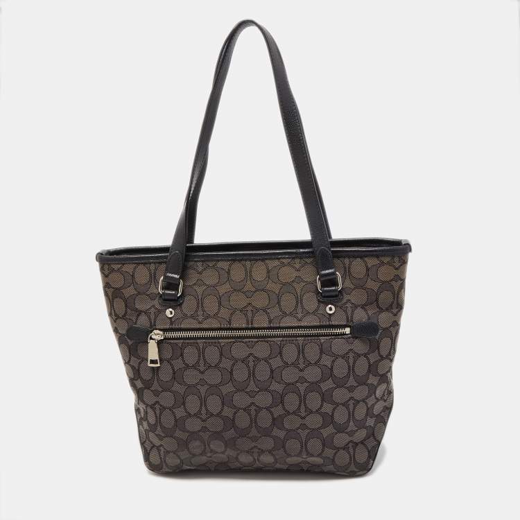 Pre Owned Coach Black/Dark Grey Signature Canvas and Leather Tote
