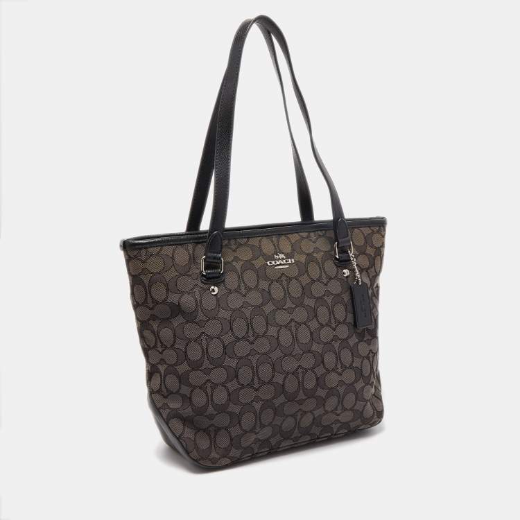 Pre Owned Coach Black/Dark Grey Signature Canvas and Leather Tote