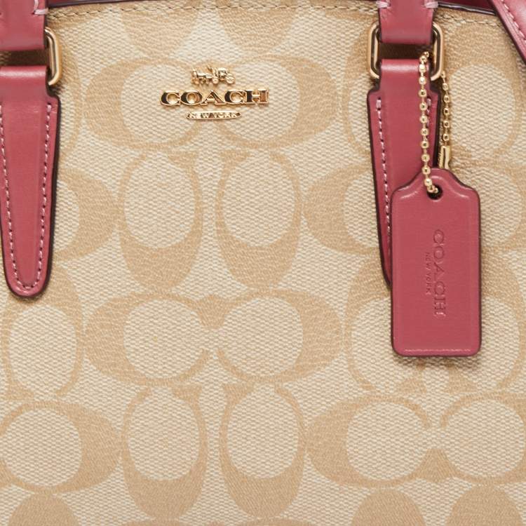 Pre Owned Coach Beige/Pink Signature Coated Canvas and Leather Mini Sage Carryall Satchel