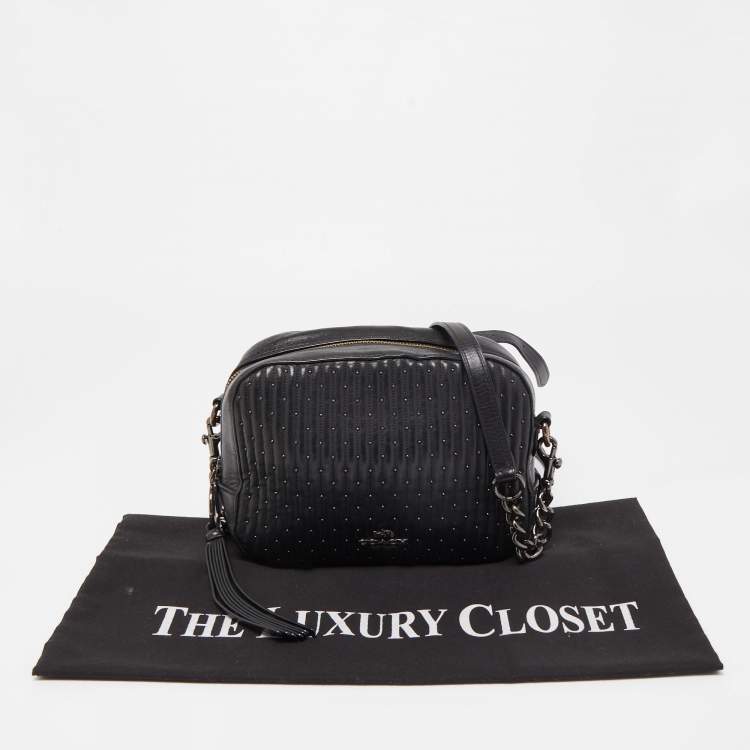 Pre Owned Coach Black Quilted Leather Studded Camera Crossbody Bag