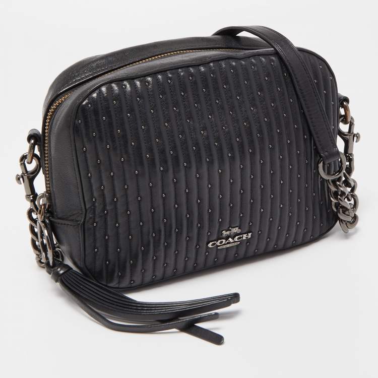 Pre Owned Coach Black Quilted Leather Studded Camera Crossbody Bag