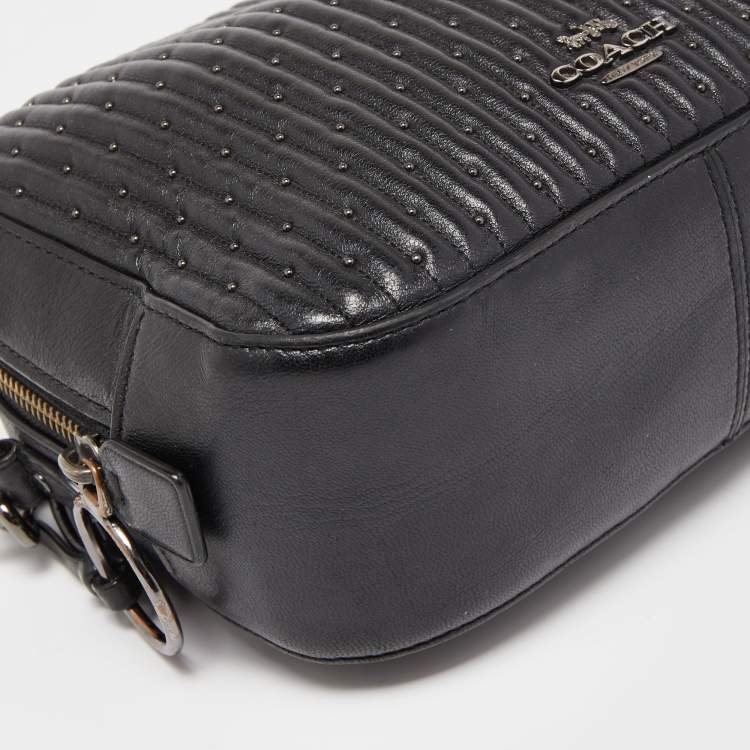 Pre Owned Coach Black Quilted Leather Studded Camera Crossbody Bag