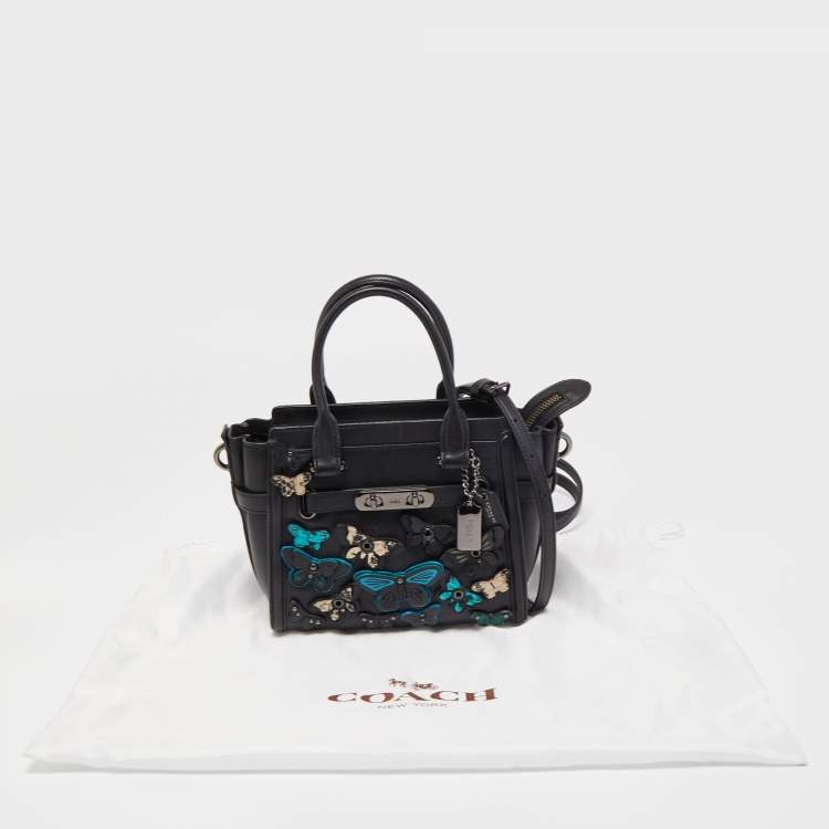 Pre Owned Coach Black Leather Butterfly Embellished Swagger 20 Carryall Top Handle Bag