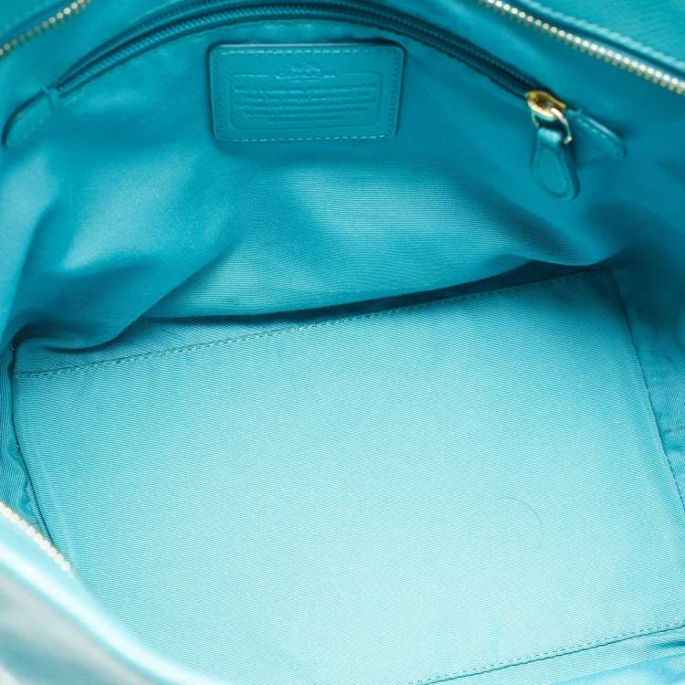Pre Owned Coach Turquoise Blue Leather Street Zip Tote