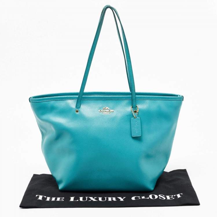 Pre Owned Coach Turquoise Blue Leather Street Zip Tote