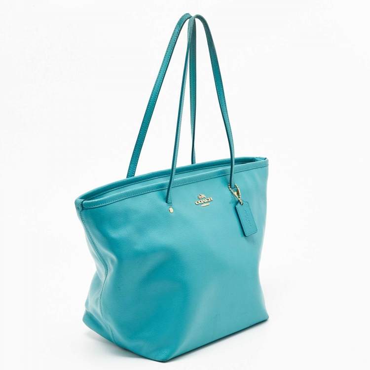 Pre Owned Coach Turquoise Blue Leather Street Zip Tote