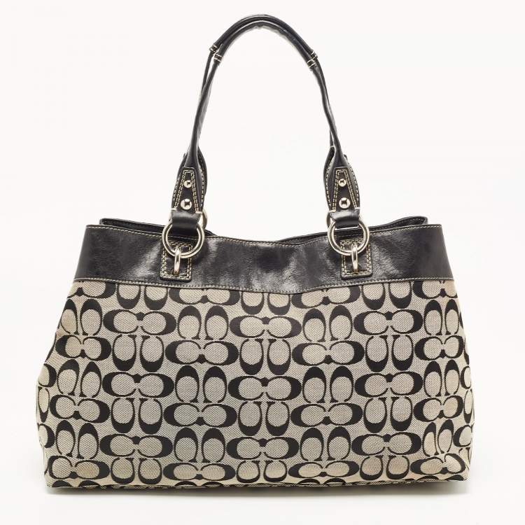 Pre Owned Coach Black/Grey Signature Canvas and Leather Penelope Carryall Tote